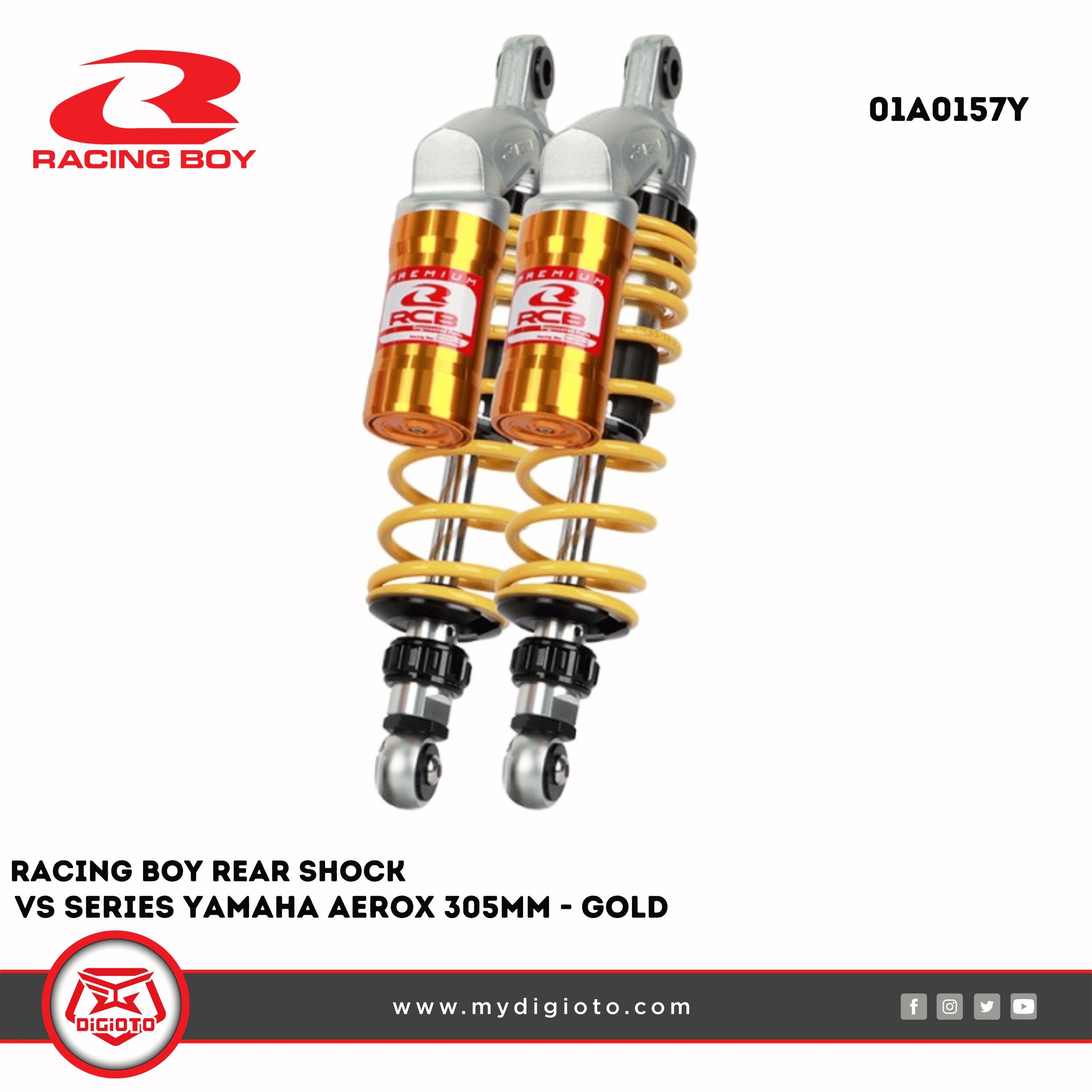 Racing Boy Rear Shock VS Series Yamaha Aerox 305MM - Gold Racing Boy Rear Shock VS Series Yamaha Aerox 305MM - Gold